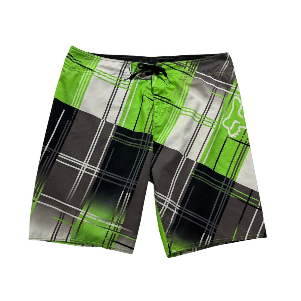 Fox Racing Neon Green Plaid Board Shorts Size 38 - Picture 2 of 4